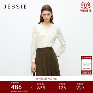 新款 JESSIE磨毛蕾丝镂空针织衬衫 上衣25秋季 开衫 女V领荷叶边长袖