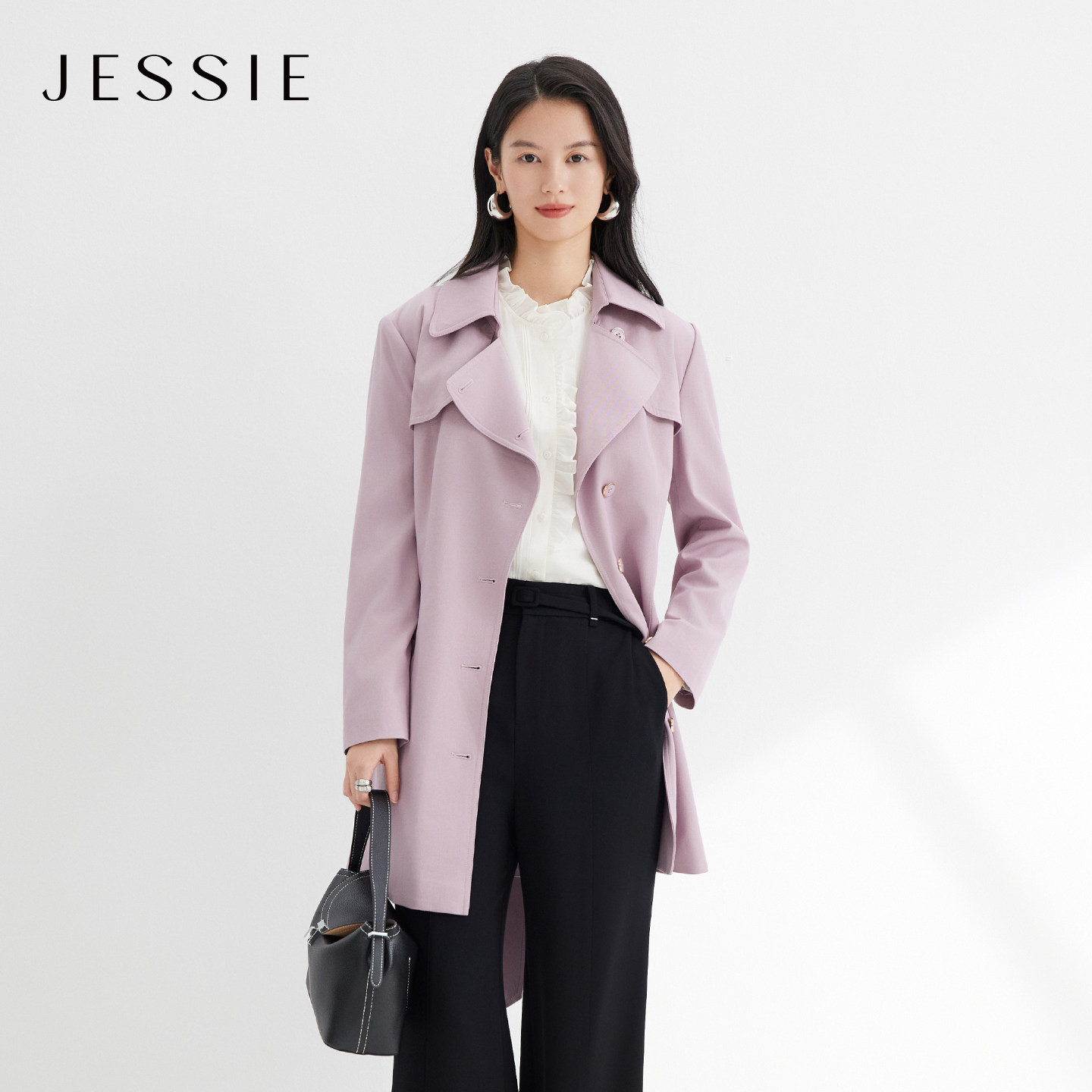 JESSIE知识分子风衣外套女式肌理感中长系带收腰款2026年春季新款