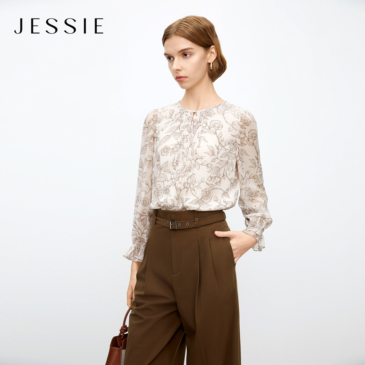 JESSIE春季法式浪漫印花雪纺衫长袖圆领收口袖小衫上衣