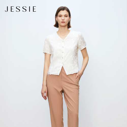 JESSIE法式重工提花短袖V领衬衫