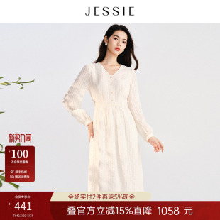 JESSIE气质浪漫蕾丝连衣裙女春季新款花边V领中长款长袖裙子