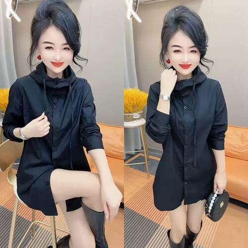 2025春季新款宽松显瘦遮肉减龄纯色百搭中长款连帽时尚欧货衬衫女