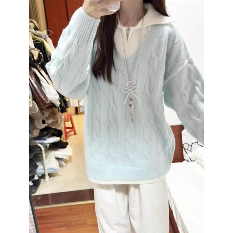 蓝色假两件翻领麻花毛衣女秋冬宽松慵懒风加厚时尚外穿针织衫上衣