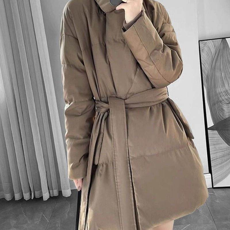 港风轻奢卡其色2024冬季新款中长款加厚保暖面包服棉服女外套棉袄