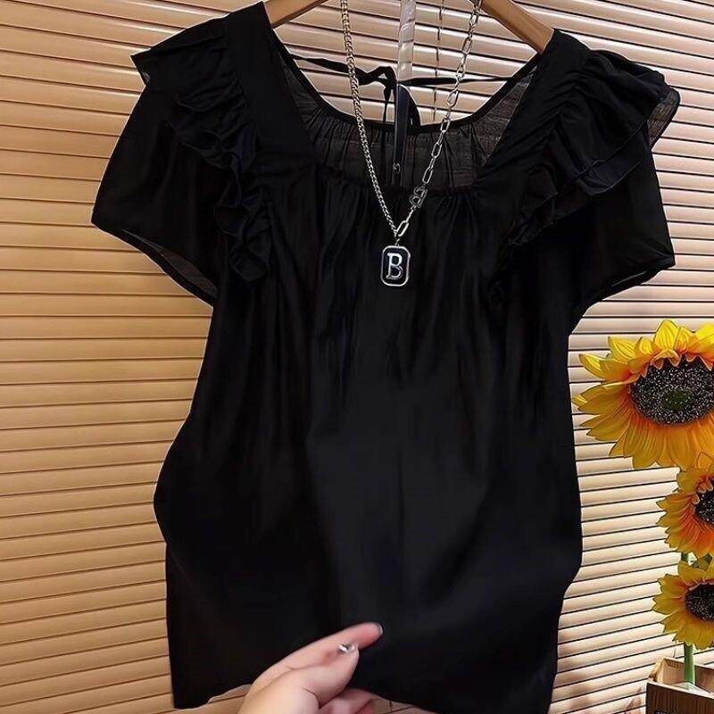 黑色雪纺短袖T恤女装2025夏季新款花边蕾丝薄款微透网纱小衫上衣