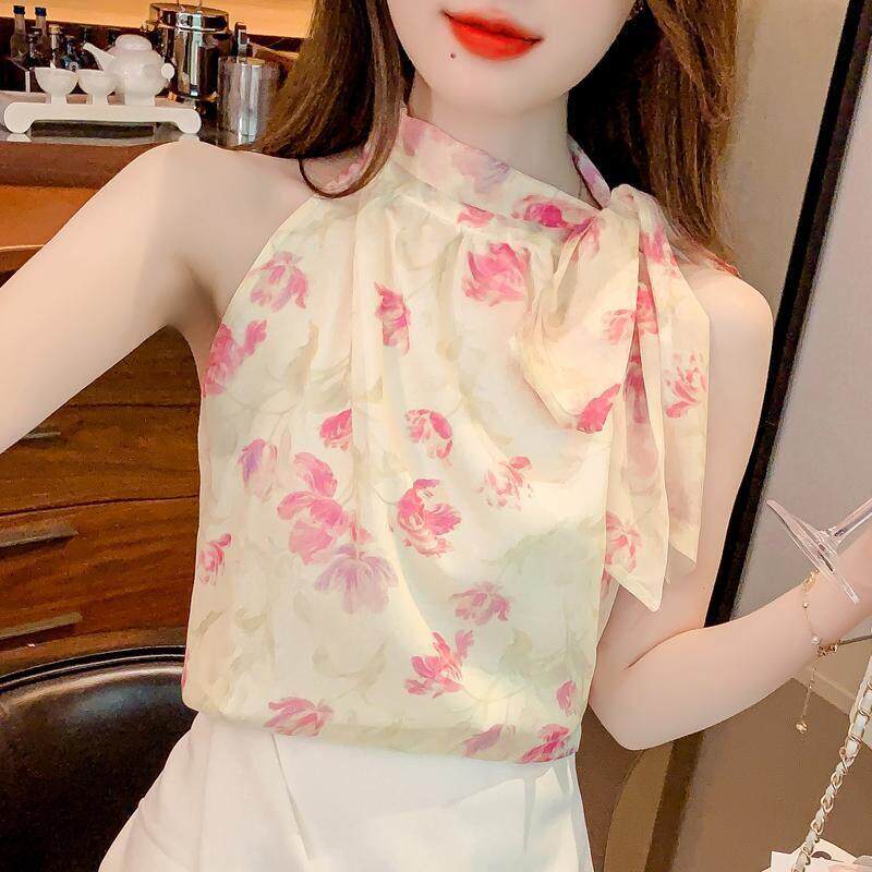 挂脖衬衫女夏季2025年新款漂亮设计感小众绝美无袖雪纺碎花上衣女