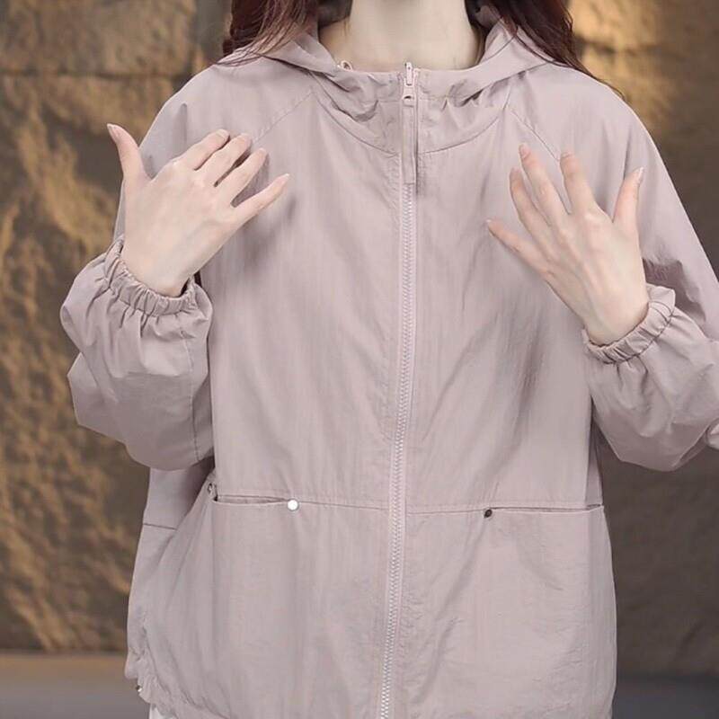 双面穿纯色防晒外套女2025新款韩版宽松休闲连帽百搭拉链薄款上衣