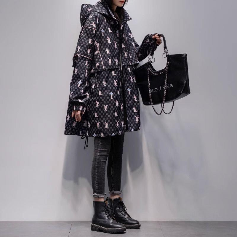 千鸟格印花风衣女中长款2024秋冬新款韩版连帽长袖时尚休闲外套潮