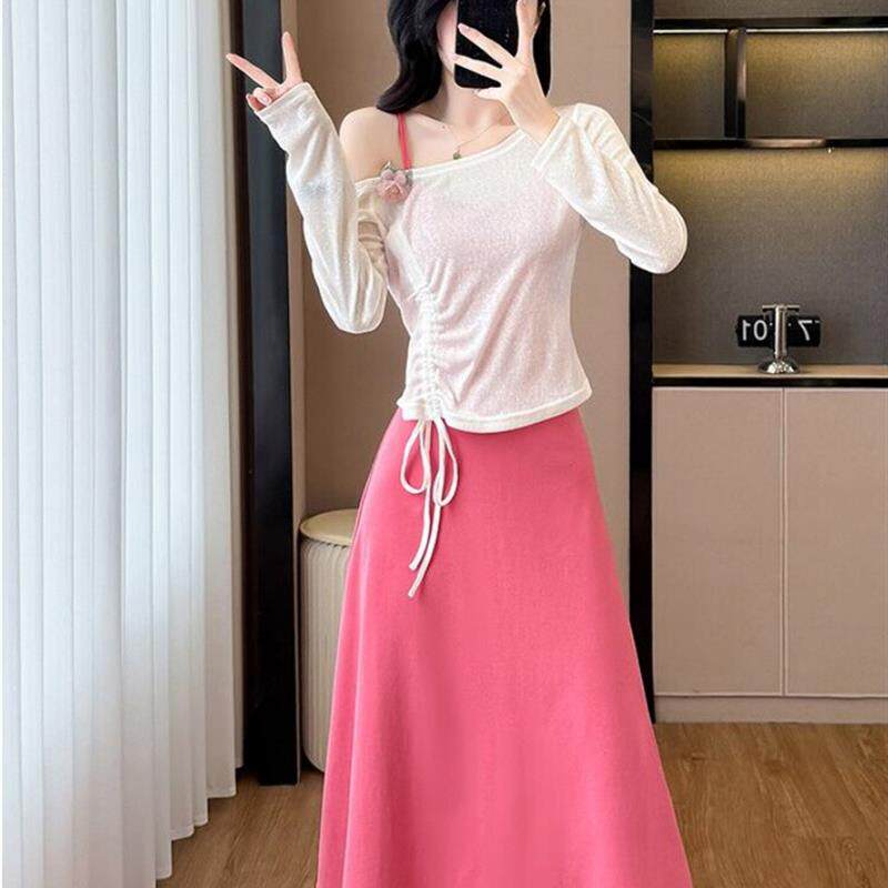 时尚套装裙女2025夏季新款抽绳露肩针织防晒罩衫吊带连衣裙两件套