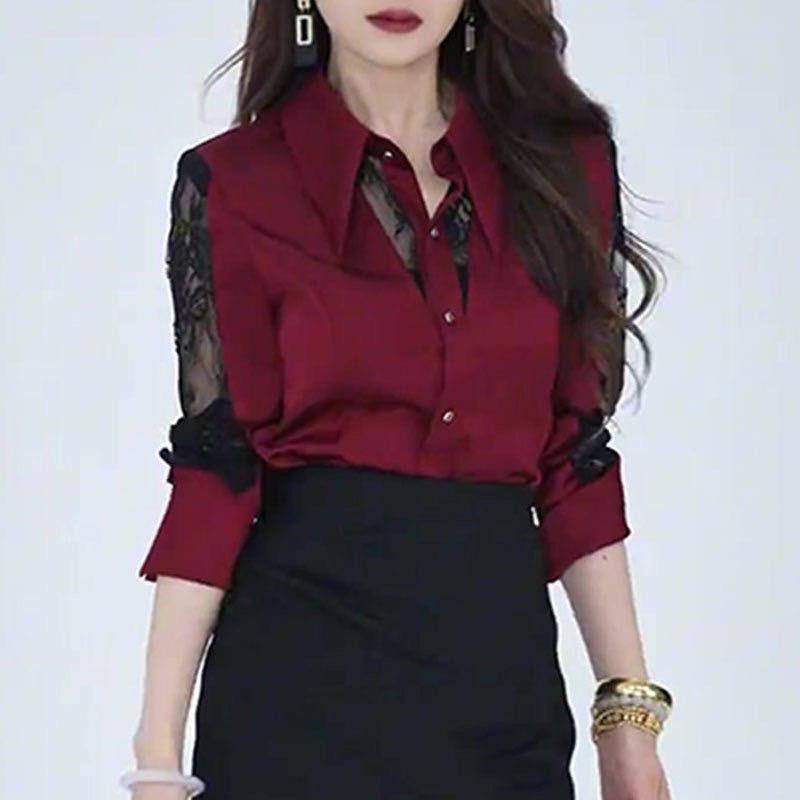 法式高级感蕾丝拼接长袖衬衫女士2026年春秋新款气质时尚小衫上衣