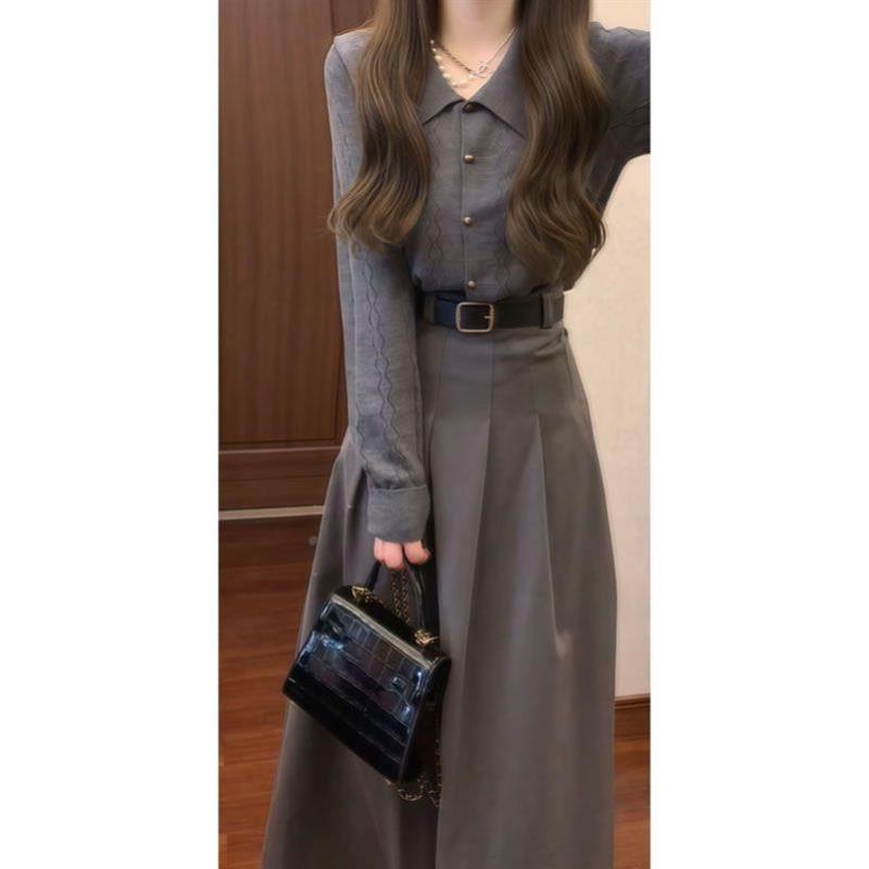 韩系高级感穿搭套装独特超好看灰色针织上衣半身裙女春秋季两件套