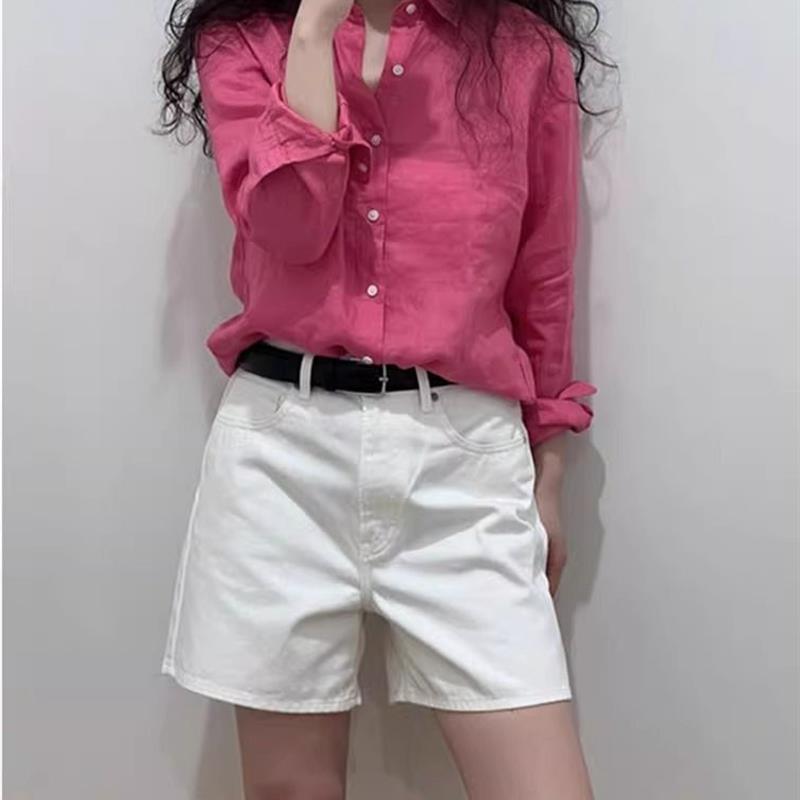 法式玫红色棉麻防晒长袖衬衫外套女2024早秋新款显瘦棉麻衬衣上衣