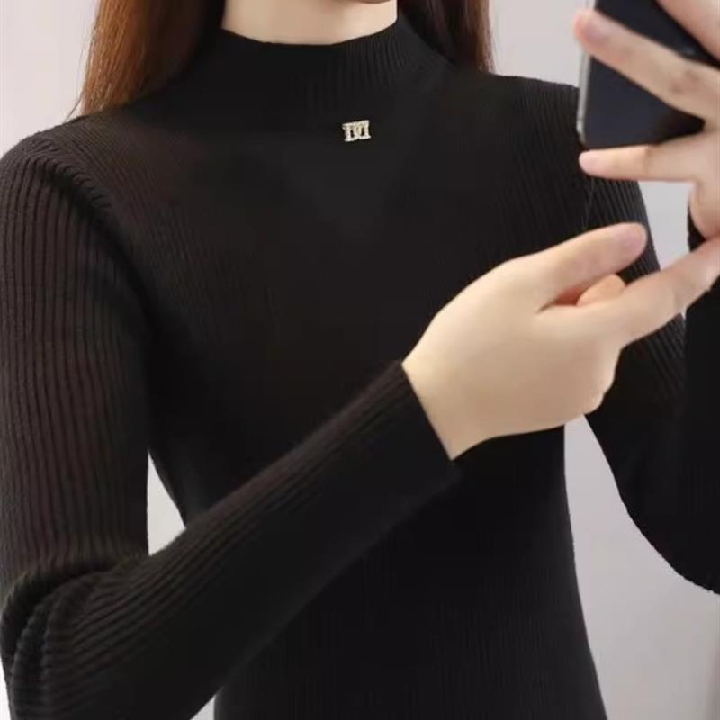 秋冬新款半领打底衫女修身显瘦长袖针织衫女洋气毛衣加厚款设计感