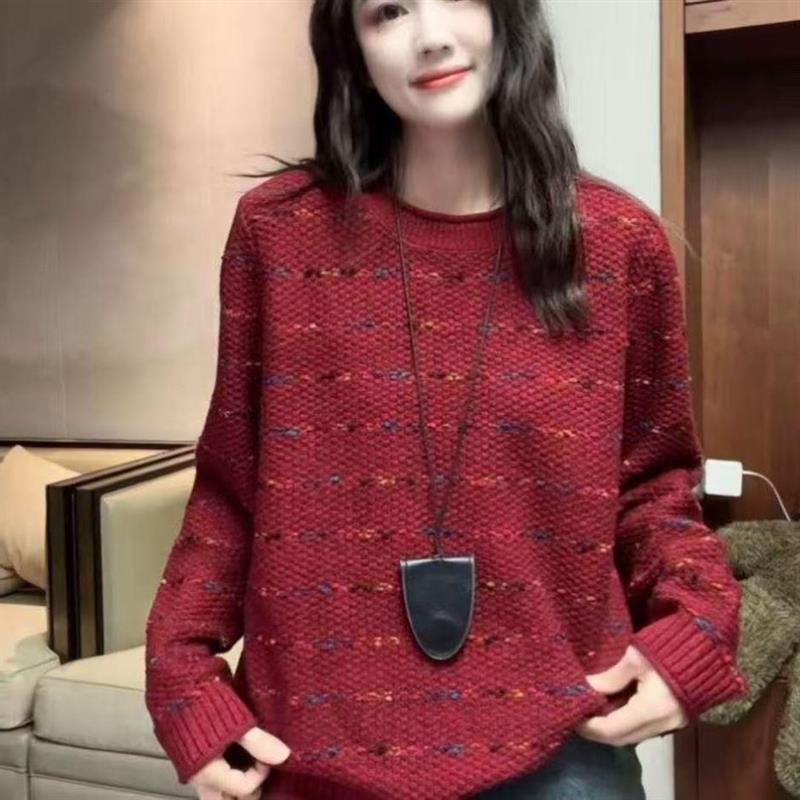 秋冬季新款女装圆领懒惰风针织衫撞色条纹减龄休闲大码长袖毛衣