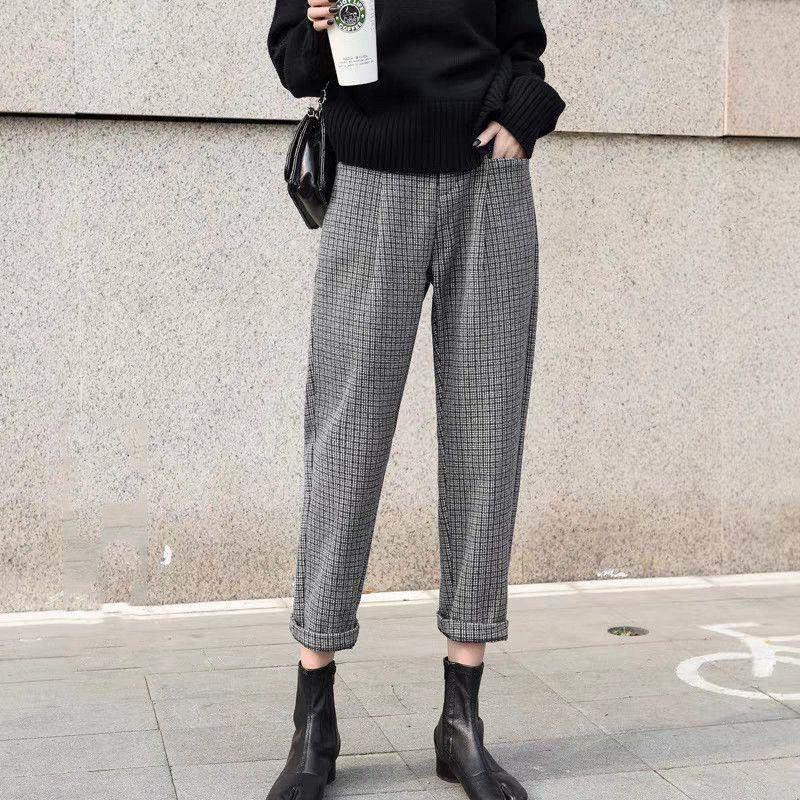 高品质九分女士毛呢哈伦裤秋冬新款高腰显瘦格子小个子直筒休闲裤