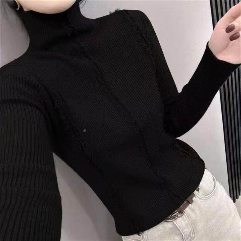 秋冬款毛边流苏毛衣女长袖欧洲站洋气内搭紧身打底针织衫高领上衣