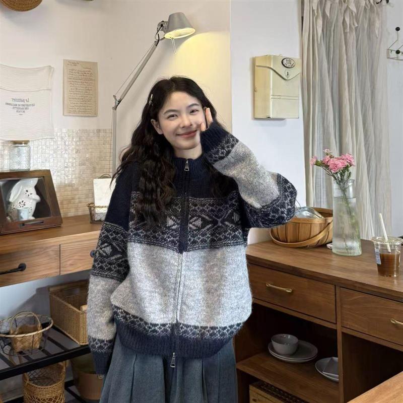 费尔岛复古提花针织拉链开衫春秋mm显瘦慵懒高级毛衣女羊毛衫外套