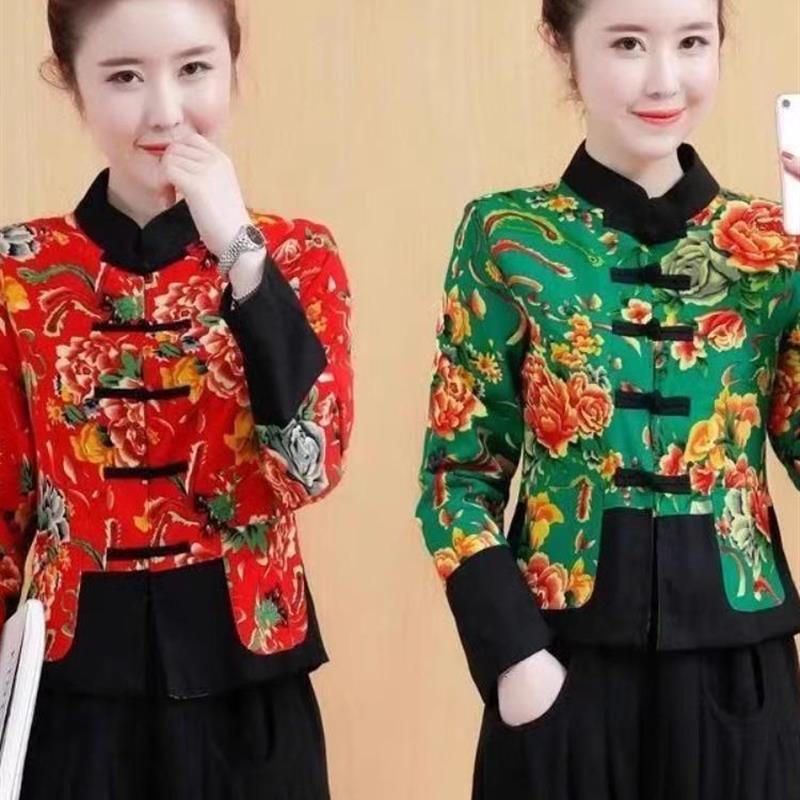 秋冬新款民族风女装覆古印花棉麻短款棉服覆古夹棉棉衣外套百搭女