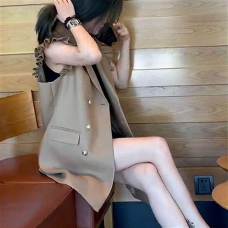 设计感荷叶边拼接双排扣西装马甲外套女2026年春秋新款中长款坎肩