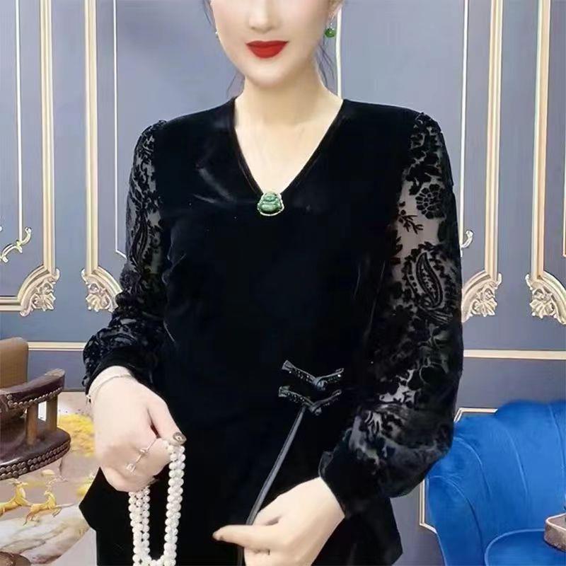 新中式蕾丝拼接丝绒上衣女2026年春秋新款气质时尚百搭衬衫打底衫