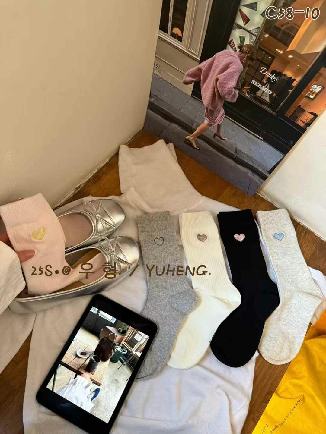 yuheng蝴蝶结miu春秋撞色条纹纯棉中筒袜卡通刺绣女款长袜学生