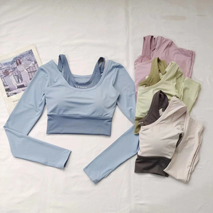 秋冬瑜伽服女带胸垫长袖 上衣假两件跑步运动T恤普拉提健身训练服