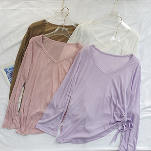 T恤女瑜伽服上衣 长袖 单侧开叉宽松休闲外穿春秋新款 运动健身罩衫