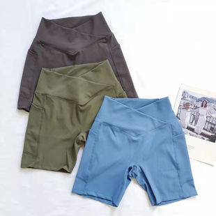 双口袋 交叉腰紧身显瘦骑行短裤户外运动训练速干跑步瑜伽四分裤