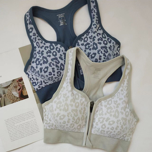 跑步跳绳健身bra 前拉链高强度运动防震专业训练大码 豹纹款 背心式
