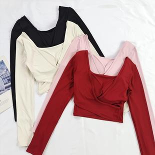 露背交叉运动上衣女秋冬季 带胸垫方领显瘦瑜伽服普拉提训练健身服