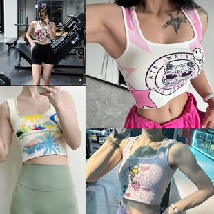 瑜伽背心高尔夫圆点防震显瘦健身文胸印花工字修身 运动内衣固定杯