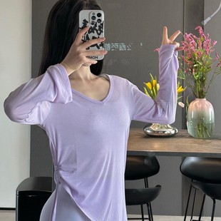 抽绳罩衫 T恤健身服女 防晒运动上衣轻薄瑜伽服透气宽松显瘦V领长袖