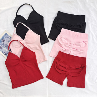 挂脖美背运动背心欧美翘臀短裤 训练蜜桃臀健身文胸瑜伽服女套装