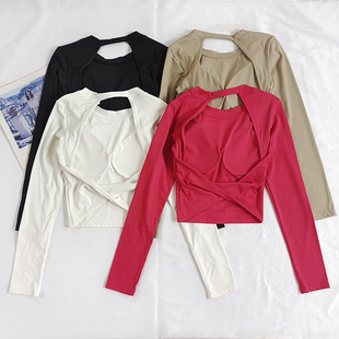 性感美背瑜伽服女透气固定杯运动上衣普拉提专业训练健身服长袖