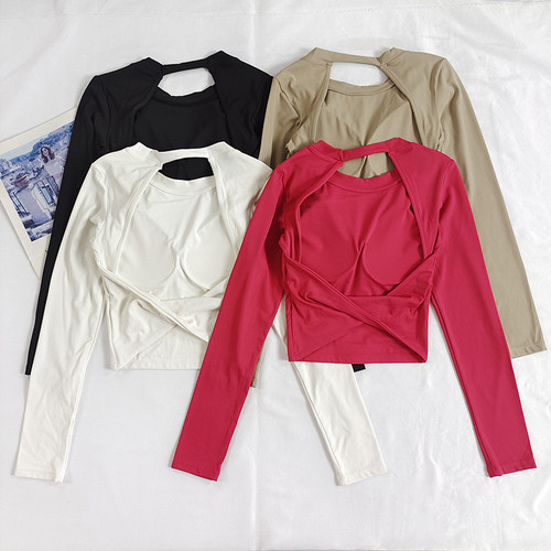 瑜伽服透气美背固定杯健身服长袖