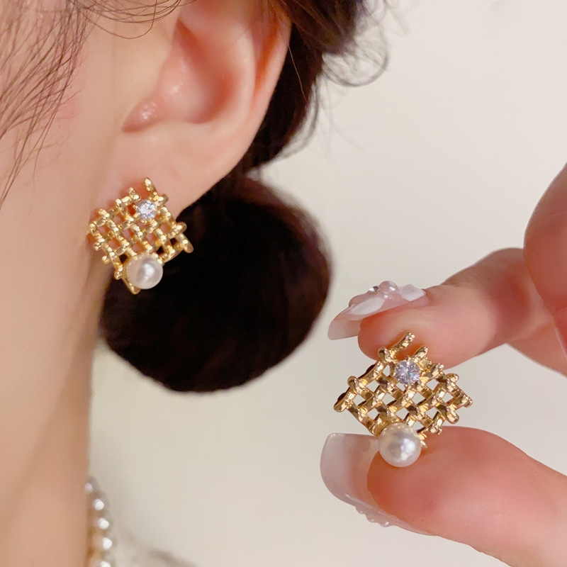 925银针水钻珍珠菱形大耳钉耳环