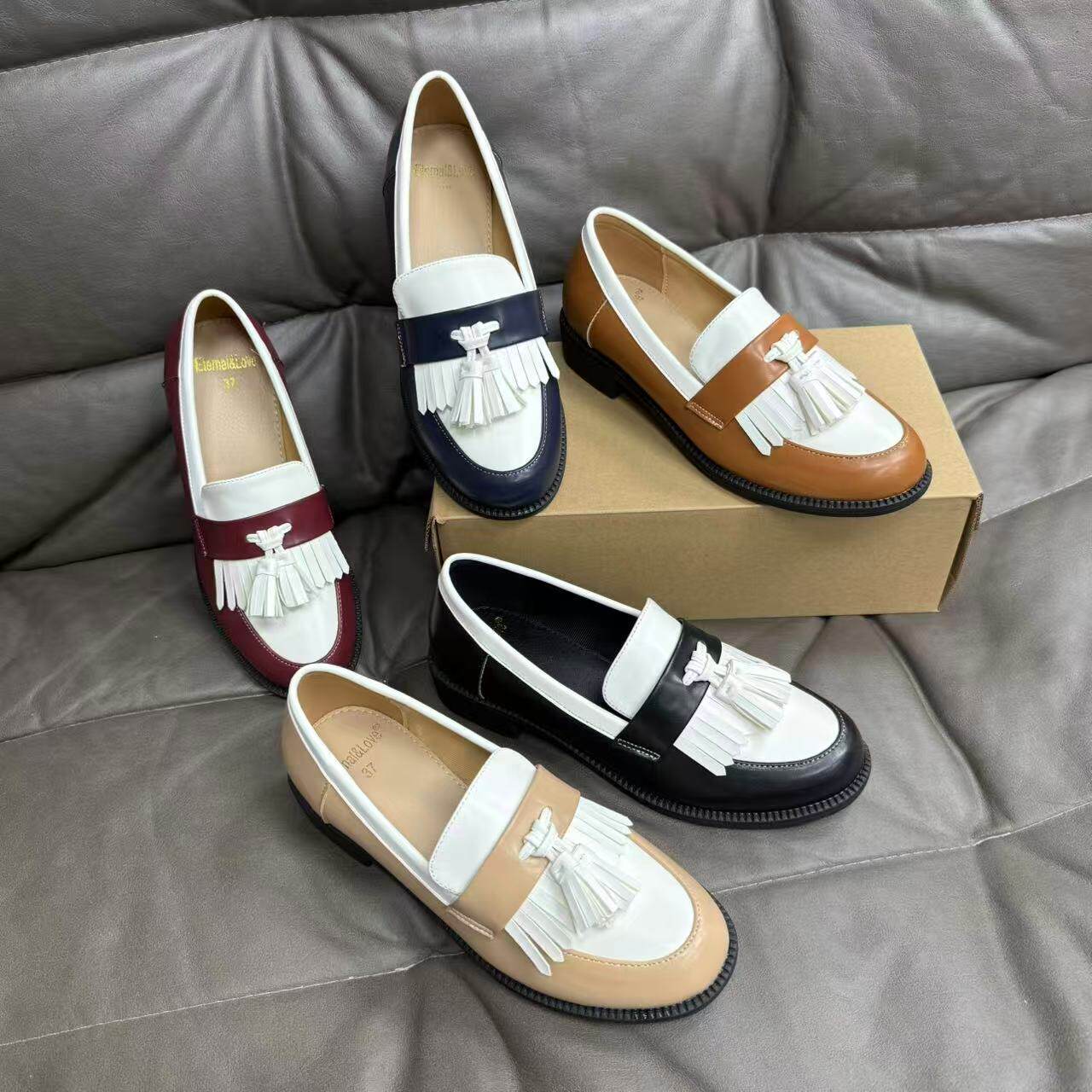 外贸新款英伦风拼色流苏矮跟粗跟皮面时尚女乐福鞋