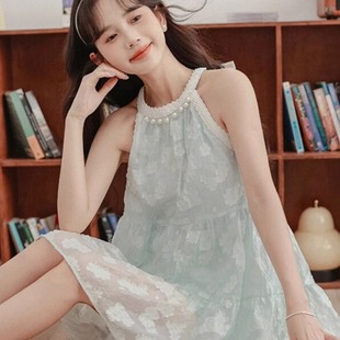 小个子珍珠无袖 海边度假裙吊带裙 挂脖连衣裙女夏季 2025高级感法式