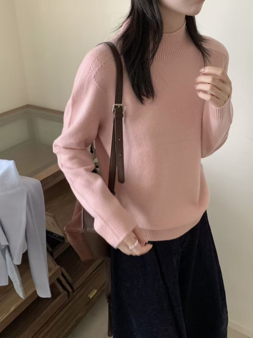 基础款纯色简约半高领宽松柔软10羊绒羊毛长袖毛衣打底衫81002