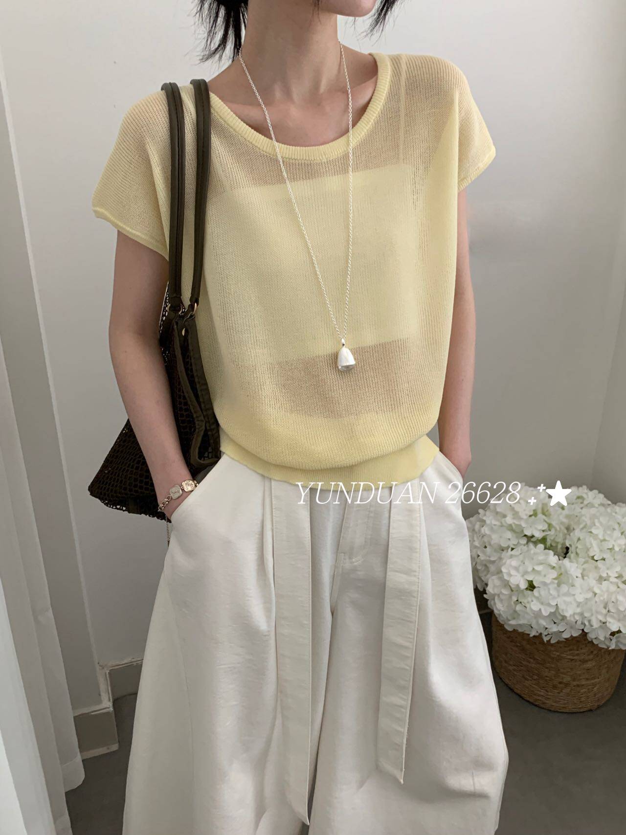 透视薄款圆领短袖针织衫女显瘦毛衣上衣冰丝亚麻夏时尚后背镂空潮
