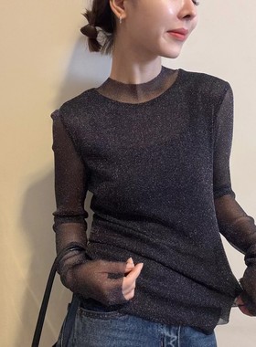 31251正版2026早春高弹力亮闪闪亮丝网纱打底衫轻薄仙气上衣女