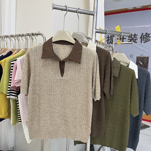 2026早秋季新款高级感撞色polo领针织T恤女短袖气质显瘦上衣66368