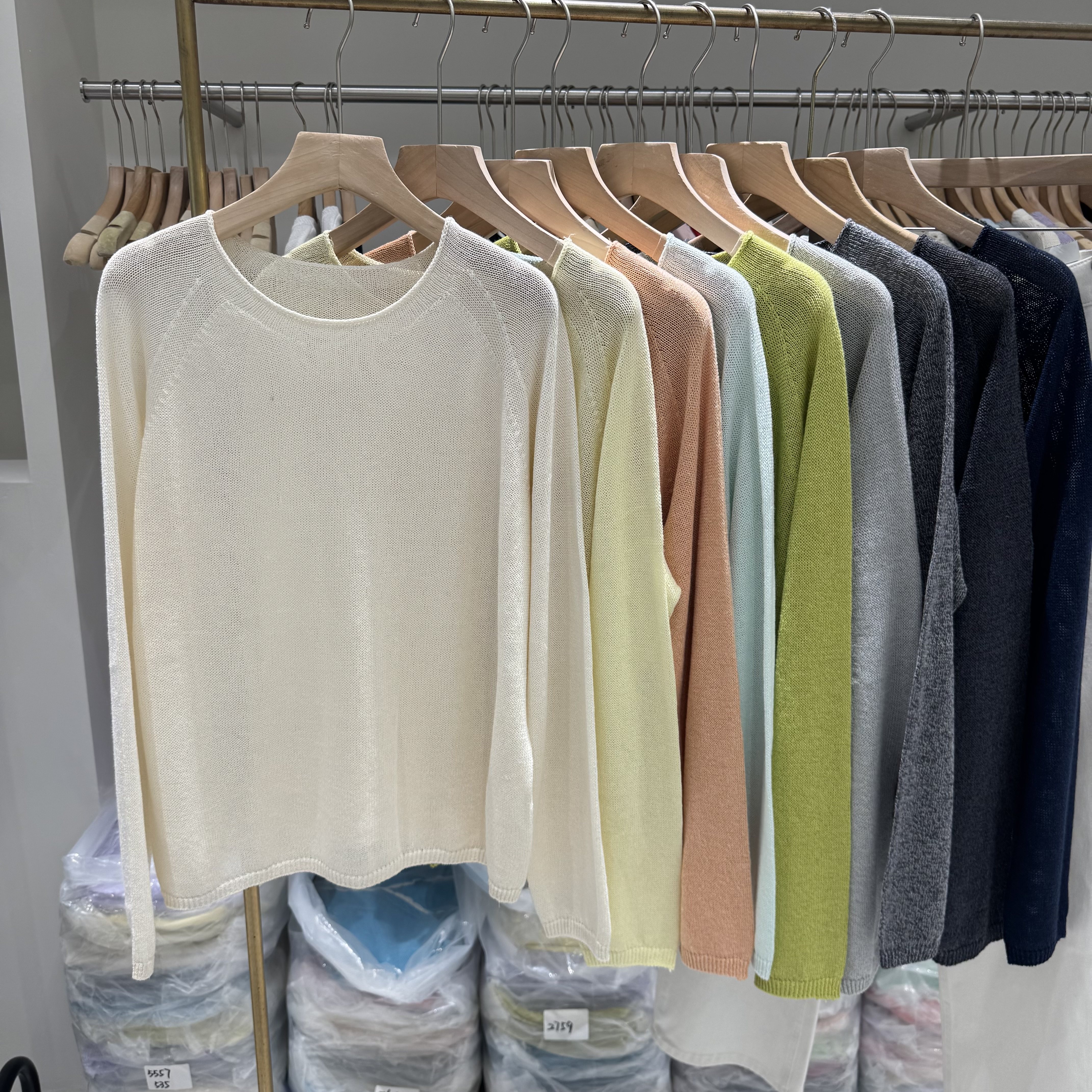 韩系极简糖果色圆领宽松慵懒风桑蚕丝和纸长袖薄款针织罩衫66356