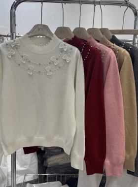 羊毛39010韩系甜美立体蝴蝶结钉珠半高领针织衫时尚百搭显瘦毛衣