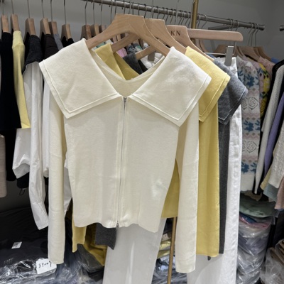 ITS B C 2026春新款大翻领拉链纯色百搭休闲细羊毛针织开衫女上衣