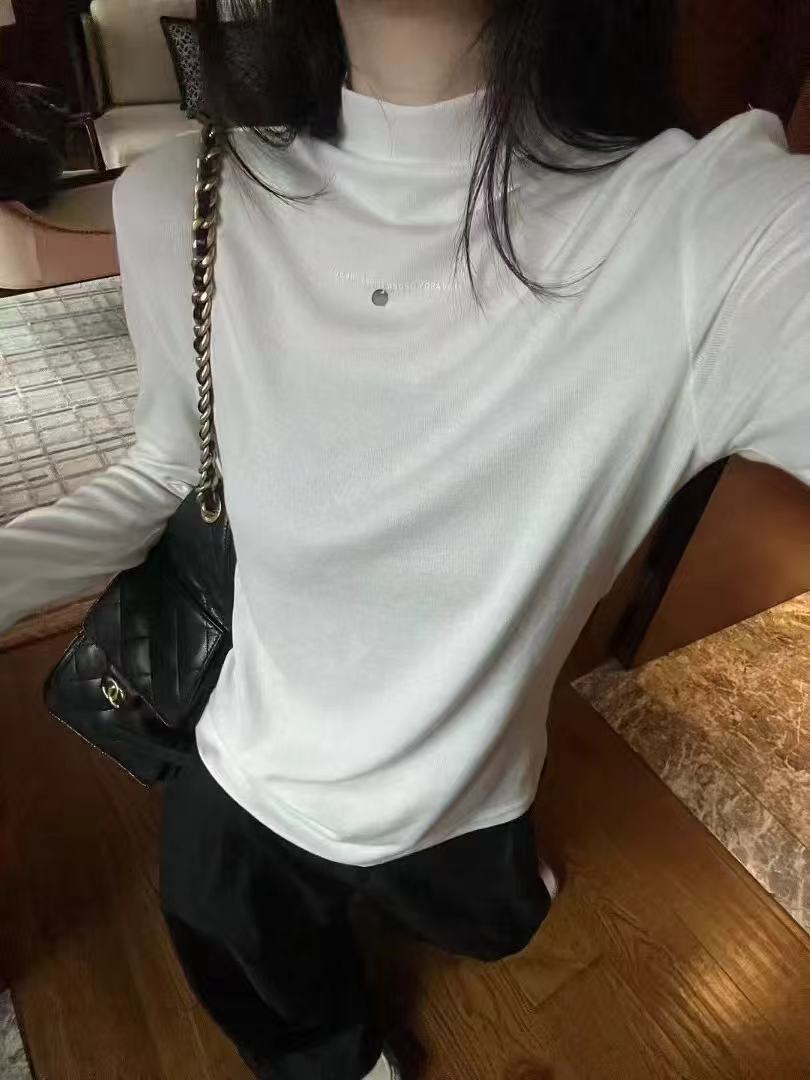 韩版简约百搭长袖T恤女修身显瘦上衣欧货半高领设计感加绒打底衫
