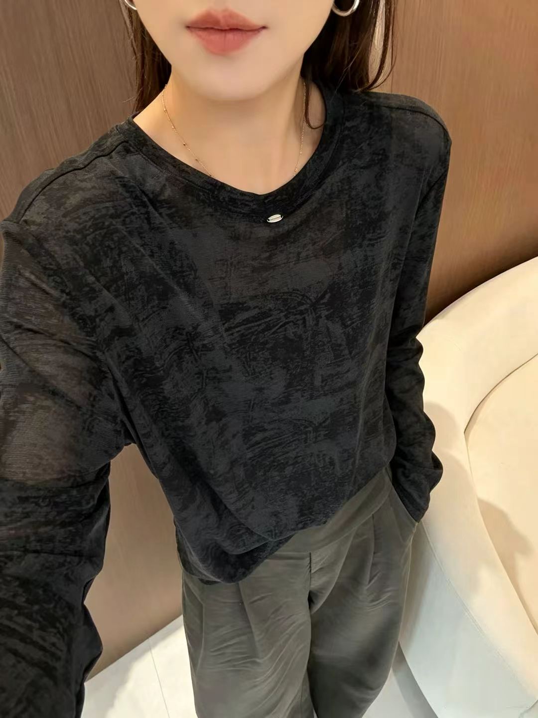 3918正版2026早秋新款复古宽松显瘦金属标扎染长袖打底T恤衫女潮