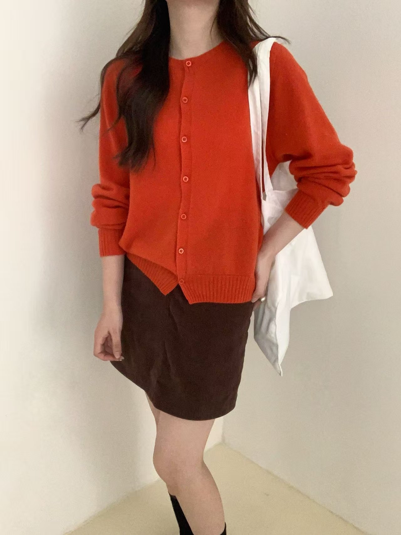 韩系慵懒风圆领全羊毛针织开衫女秋季宽松薄款百搭长袖毛衣6629