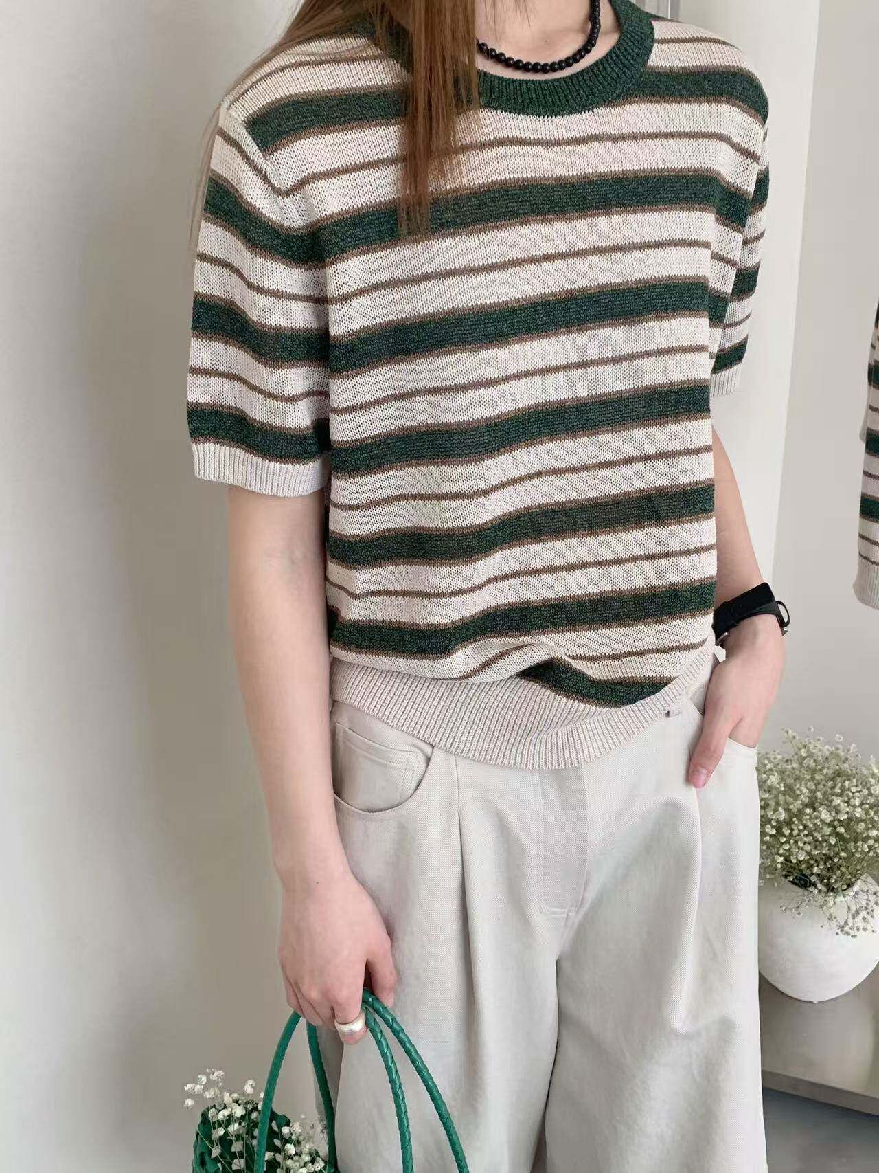 和纸纱8536复古条纹短袖针织衫女圆领薄款高级感休闲百搭套头上衣