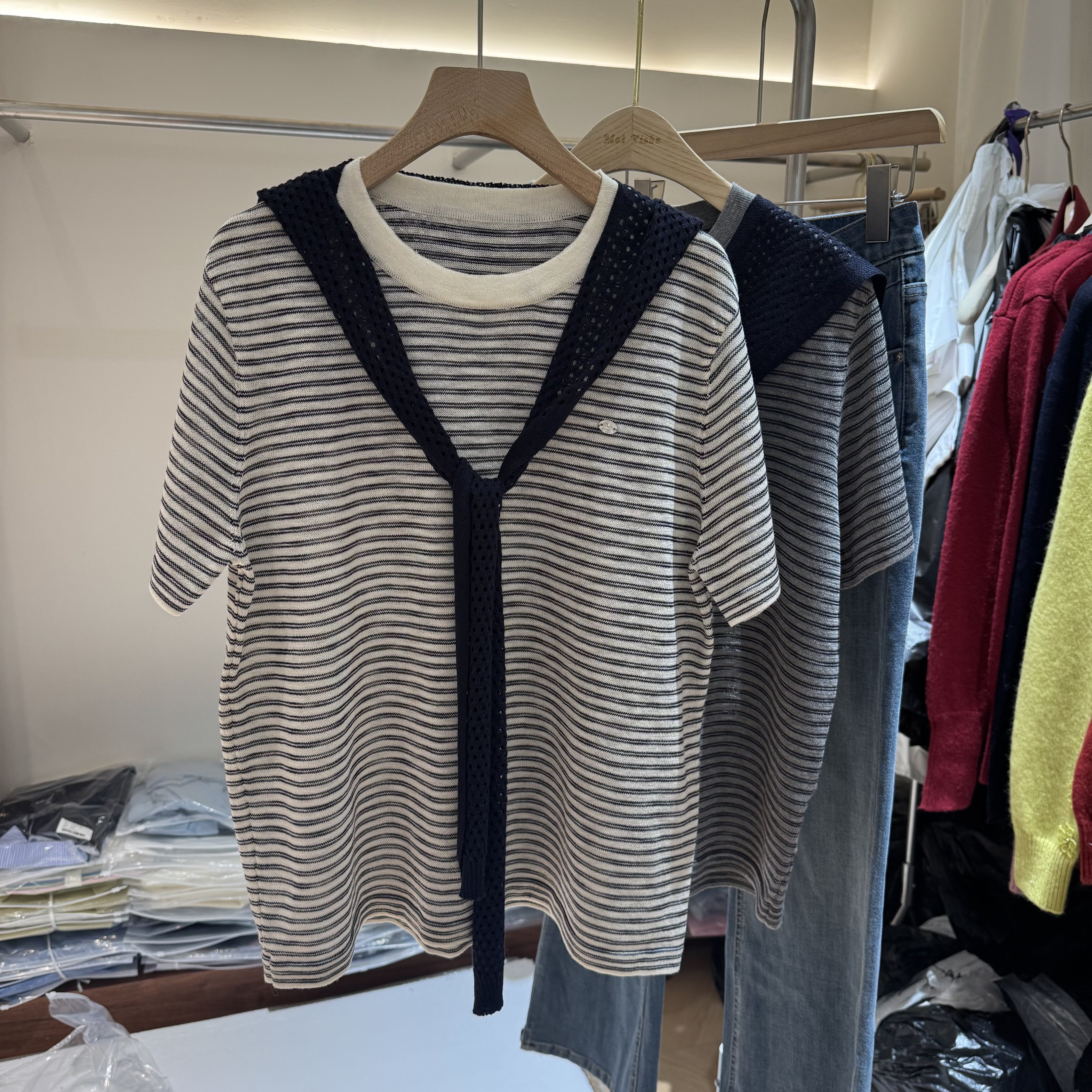 韩版时尚百搭披肩条纹短袖两件套针织衫女宽松显瘦百搭26夏季上衣